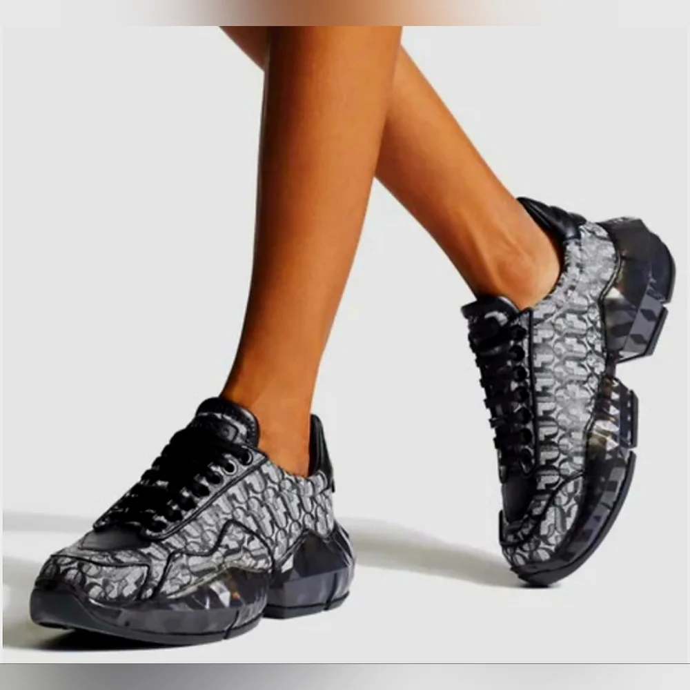 New With Tags Jimmy Choo Black Silver Diamond Calfskin Leather Sneakers
